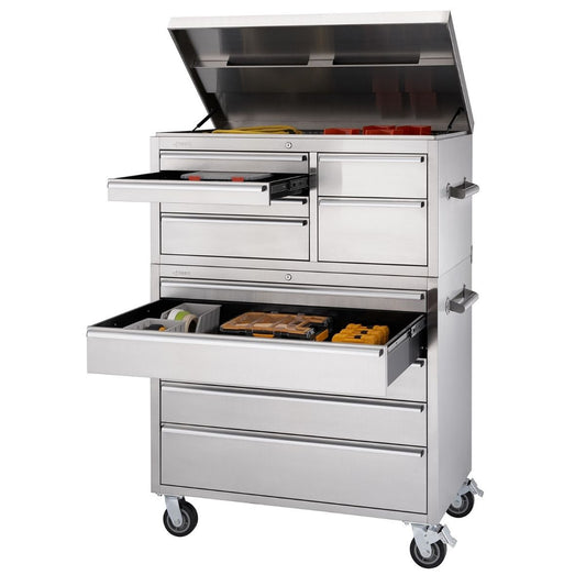 A stainless steel tool chest combo with multiple drawers is shown against a white background. The top lid is open, revealing tools inside, and two drawers are partially extended, displaying their contents.