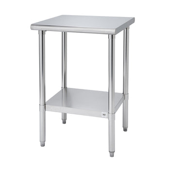 A square stainless steel prep table with four cylindrical legs and a lower shelf stands against a white background. The tabletop has a slightly rounded edge.