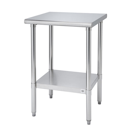 A square stainless steel prep table with four cylindrical legs and a lower shelf stands against a white background. The tabletop has a slightly rounded edge.