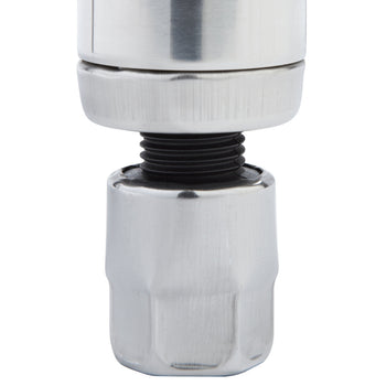 Close up of an adjustable stainless steel feet leveler for a prep table.