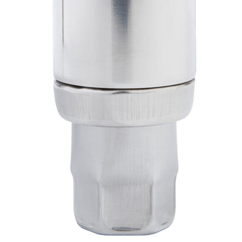 A close-up of stainless steel feet leveler in default position. It has a cylindrical upper section transitioning to a wider, slightly ridged middle, and ending in a hexagonal base.
