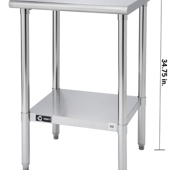 A stainless steel prep table. The table has a lower shelf, four legs, and is 24 inches wide, 24 inches deep, and 34.75 inches tall.