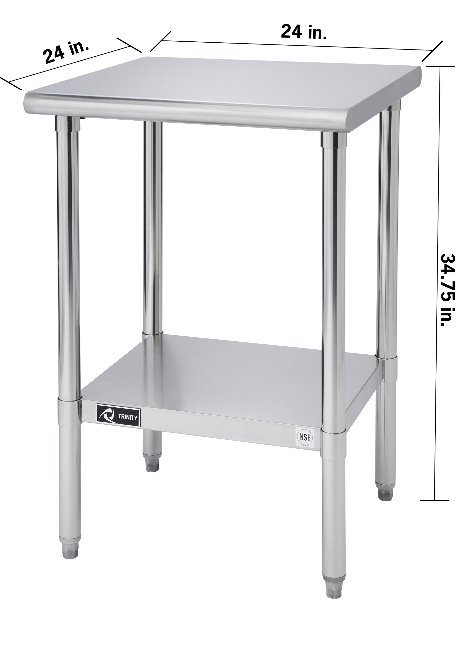 A stainless steel prep table. The table has a lower shelf, four legs, and is 24 inches wide, 24 inches deep, and 34.75 inches tall.