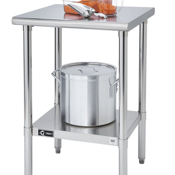 A stainless steel two-tiered table stands against a white background. On the top shelf, there is a clear rectangular container with orange contents and a metal scoop, along with a clear measuring cup also containing the orange material. A large stainless steel pot with a lid sits on the lower shelf.