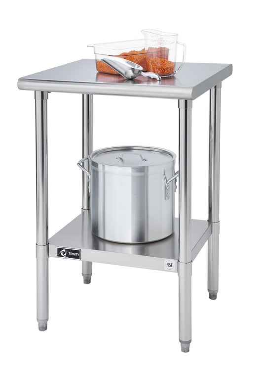 A stainless steel two-tiered table stands against a white background. On the top shelf, there is a clear rectangular container with orange contents and a metal scoop, along with a clear measuring cup also containing the orange material. A large stainless steel pot with a lid sits on the lower shelf.