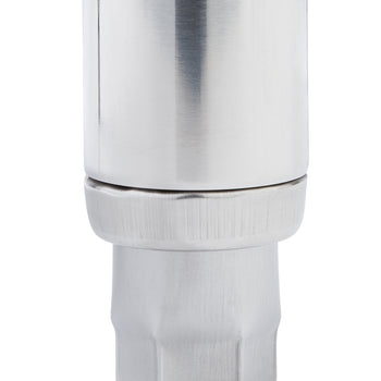 Close up of the stainless steel foot of a prep table with an adjustable feet leveler.