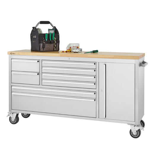A 66 inches stainless steel work bench with 8 drawers and a side cabinet with a light-colored wooden top is shown against a white background. The workbench has multiple drawers on the left and a cabinet door on the right, and various tools and a tool bag rest on the top surface.