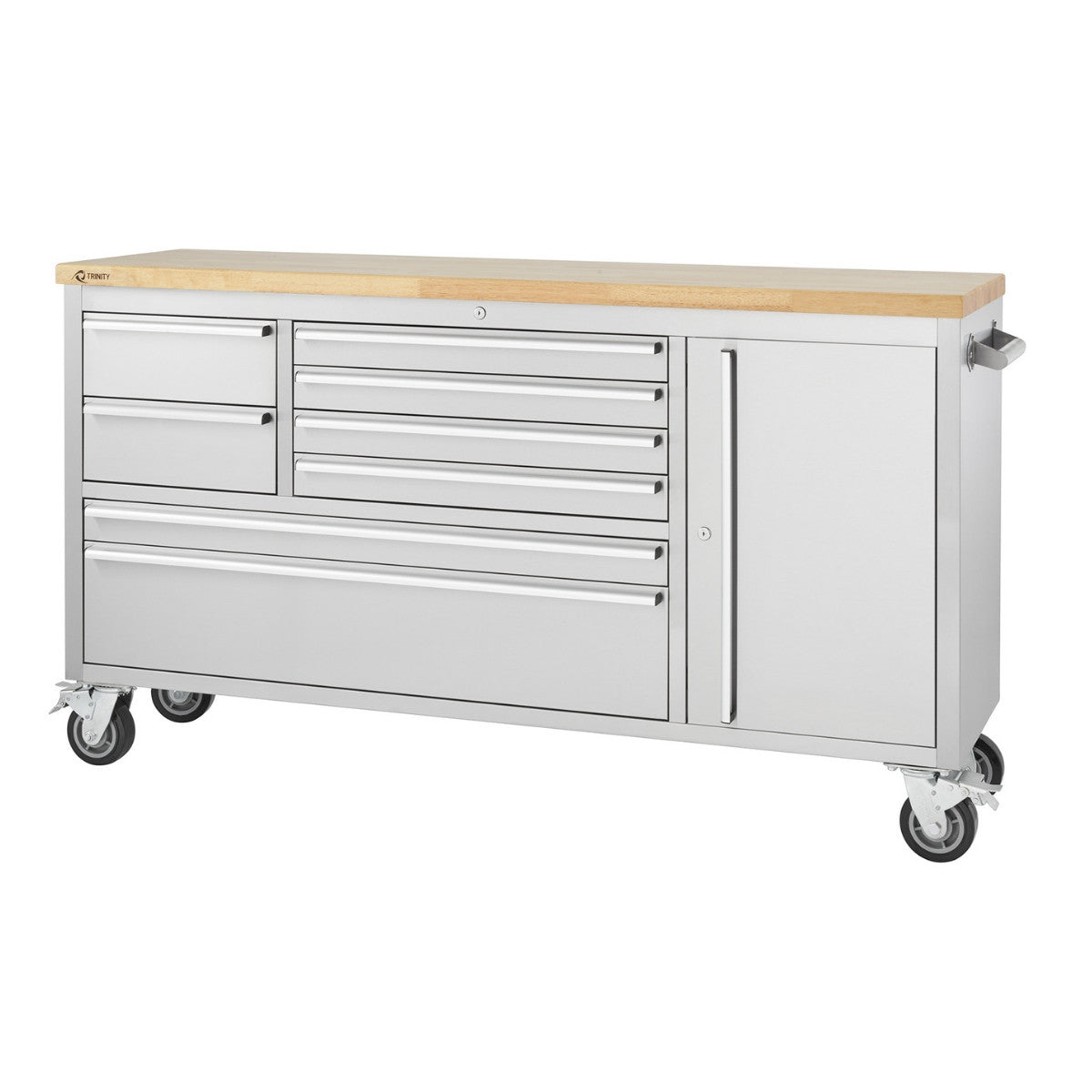 A stainless steel rolling workbench with a light-colored wooden top is shown against a white background. The workbench has multiple drawers on the left and a cabinet with a door on the right, and it rests on four wheels.
