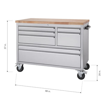 A detailed product shot of a stainless steel tool chest on wheels, with a wooden butcher block top. The dimensions are shown with arrows and text: 37 inches high, 48 inches wide, and 26 inches deep.