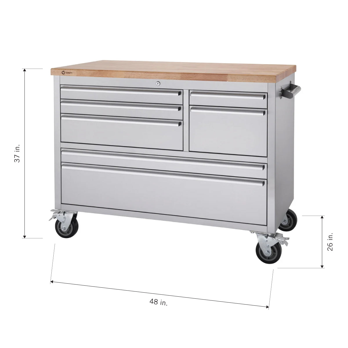 A detailed product shot of a stainless steel tool chest on wheels, with a wooden butcher block top. The dimensions are shown with arrows and text: 37 inches high, 48 inches wide, and 26 inches deep.