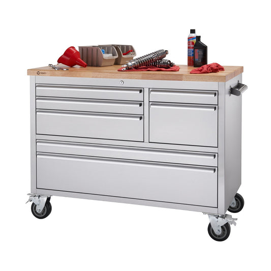 A 48-inch wide stainless steel rolling workbench with a light-colored wooden top is shown against a white background. The workbench has multiple drawers of varying sizes and is equipped with wheels for mobility.