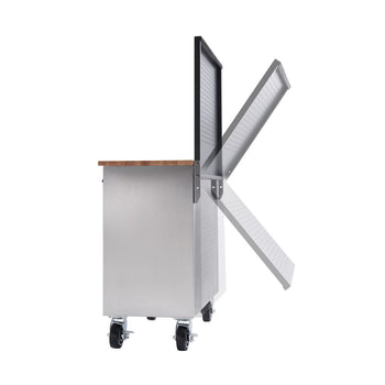 A side view shows a stainless steel workbench with a wooden top and four black caster wheels. A black pegboard attached to the back is shown in three stages of being folded down.