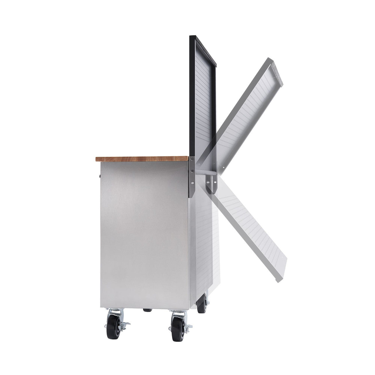 A side view shows a stainless steel workbench with a wooden top and four black caster wheels. A black pegboard attached to the back is shown in three stages of being folded down.