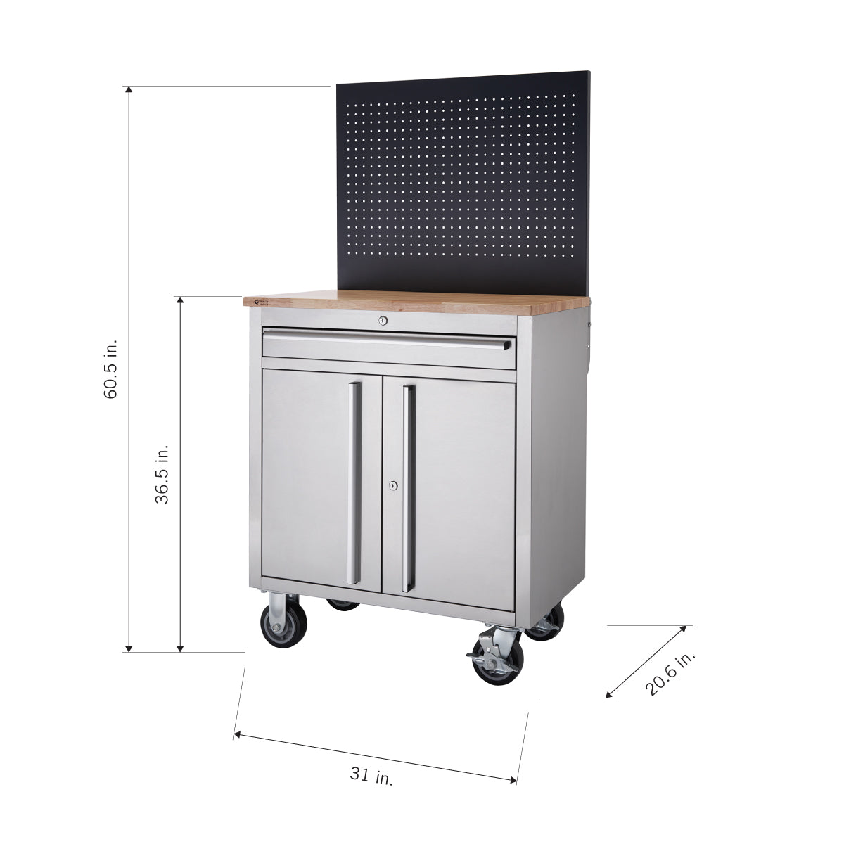 A rolling stainless steel workbench with a wooden top, two cabinet doors, and a drawer. The workbench has a pegboard on top and a total height of 60.5 inches, a width of 31 inches, and a depth of 20.6 inches.
