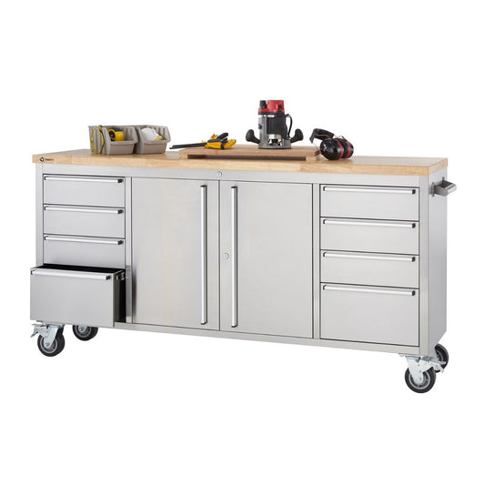 A 72 inches wide stainless steel rolling workbench with a light-colored wooden top is shown against a white background. The workbench has multiple drawers on the left and right sides, a cabinet with two doors in the center, and various tools and organizers on the top surface.