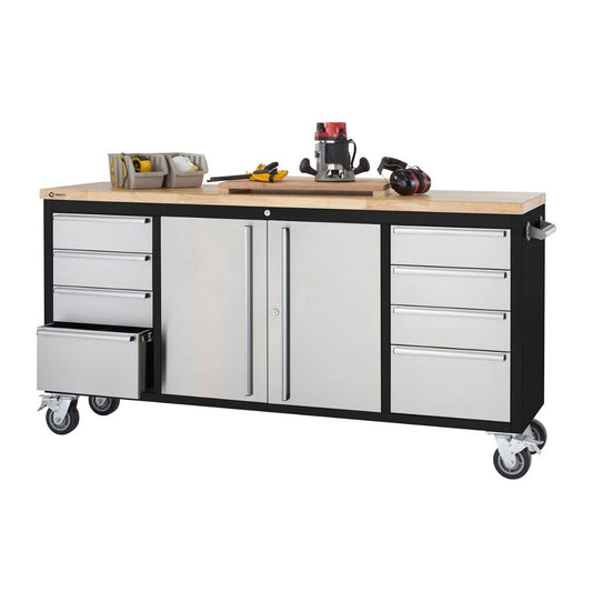 A Trinity 72"W x 19"D Stainless Steel Rolling Workbench against a white background. The black rolling workbench features a light-colored wooden top surface holding various tools, stainless steel cabinet doors in the center, and stacks of drawers on either side.