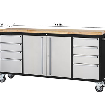 A front-facing view of a black workshop cabinet on wheels, featuring a light wood countertop. The cabinet has two central stainless steel doors and two stacks of four stainless steel drawers on either side, with dimensions indicating it is 72 inches wide, 19 inches deep, and 37.5 inches tall.