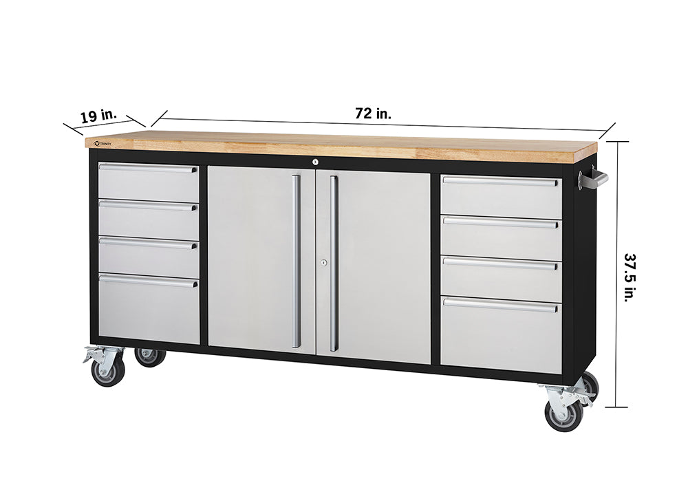 A front-facing view of a black workshop cabinet on wheels, featuring a light wood countertop. The cabinet has two central stainless steel doors and two stacks of four stainless steel drawers on either side, with dimensions indicating it is 72 inches wide, 19 inches deep, and 37.5 inches tall.