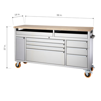 A stainless steel rolling tool chest with a wooden top, measuring 66 inches wide, 37 inches tall, and 19 inches deep. It features multiple drawers and compartments, and is equipped with four caster wheels for mobility.