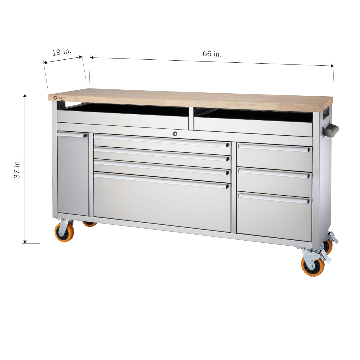 A stainless steel rolling tool chest with a wooden top, measuring 66 inches wide, 37 inches tall, and 19 inches deep. It features multiple drawers and compartments, and is equipped with four caster wheels for mobility.