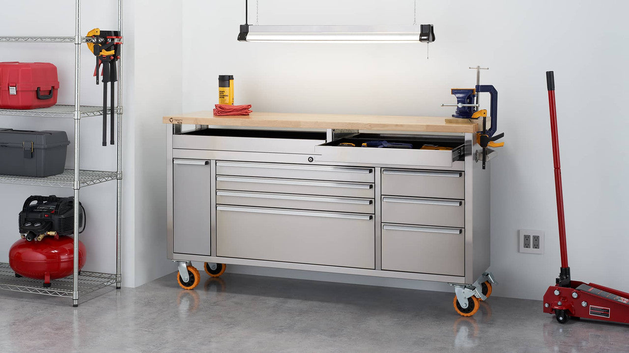 TRINITY PRO® 66x19 Stainless Steel Rolling Workbench w/ Clampable