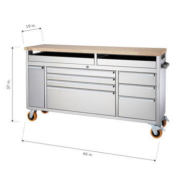 A large, stainless steel workbench with a light wood top is shown from a slightly elevated, angled perspective. It features multiple drawers and a side cabinet, all on orange wheels, with dimensions of 66 inches wide, 37 inches high, and 19 inches deep indicated by white arrows and text.