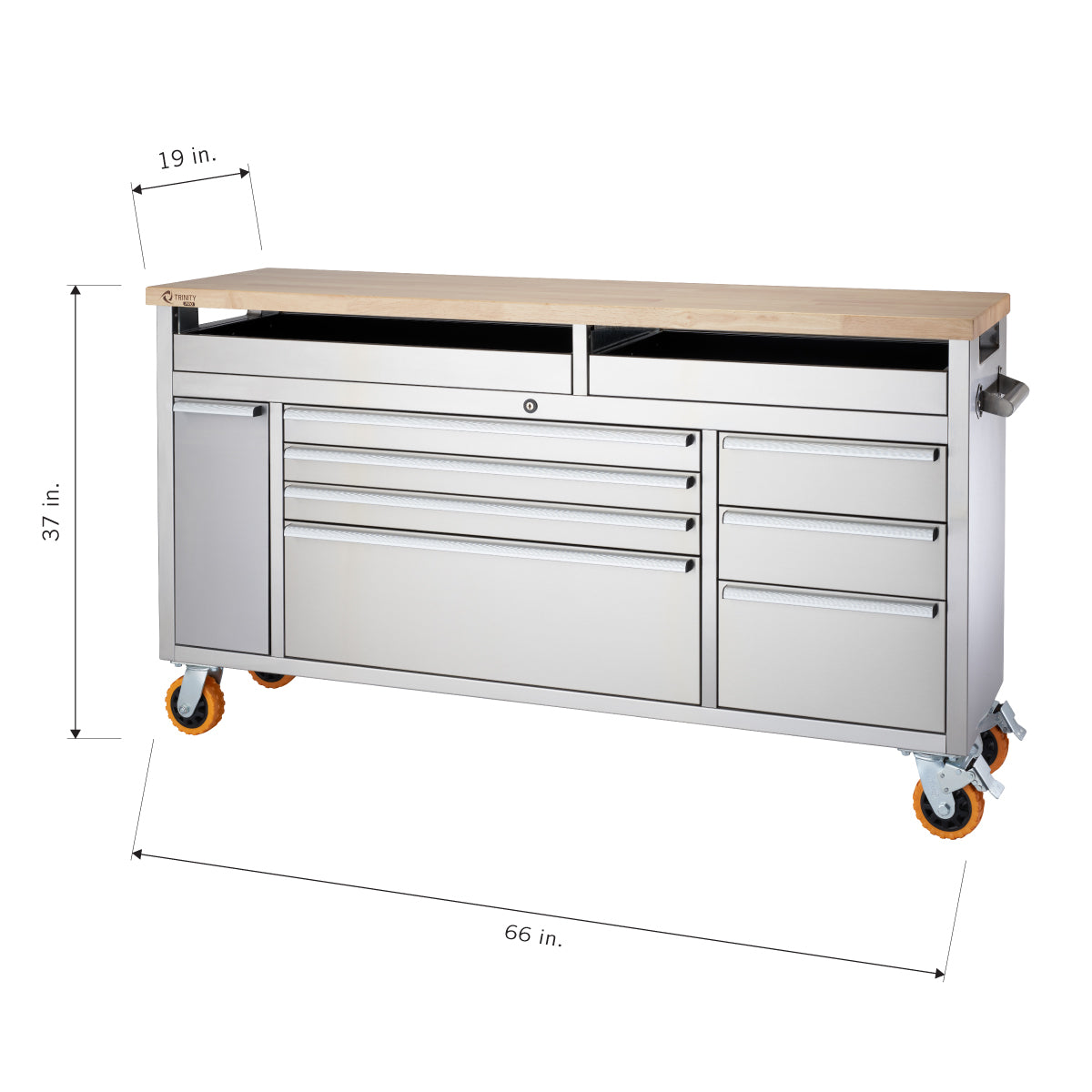A large, stainless steel workbench with a light wood top is shown from a slightly elevated, angled perspective. It features multiple drawers and a side cabinet, all on orange wheels, with dimensions of 66 inches wide, 37 inches high, and 19 inches deep indicated by white arrows and text.
