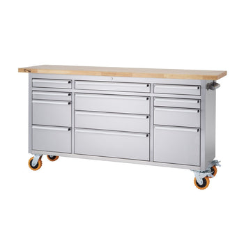 A stainless steel rolling workbench with a light-colored wooden top is shown against a white background. The workbench features numerous drawers of varying sizes and is equipped with orange caster wheels for mobility.