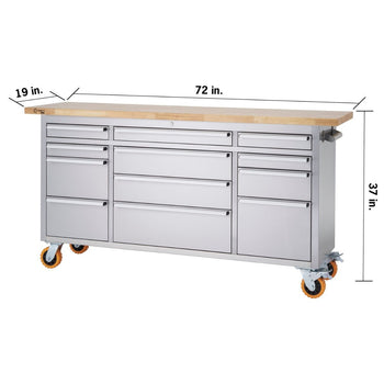 A stainless steel rolling workbench with a light-colored wooden top is shown. Dimensions are overlaid on the image, indicating it is 72 inches wide, 19 inches deep, and 37 inches tall.