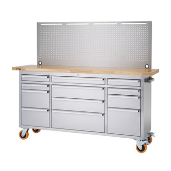 A stainless steel rolling workbench with a light-colored wooden top and a perforated metal pegboard attached to the back. The workbench features multiple drawers and cabinets for storage and is equipped with orange caster wheels for mobility.