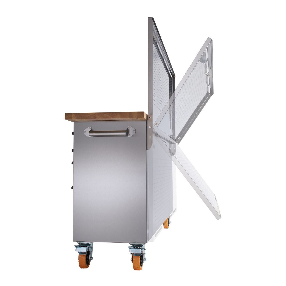 A stainless steel rolling workbench with a light brown wooden top and orange wheels is shown against a white background. The workbench features a handle on the left side and a pegboard attached to the back, with its door shown in multiple stages of opening.