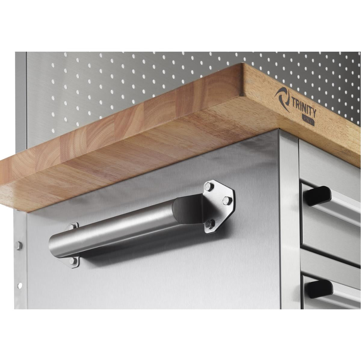 A close-up shows a portion of a stainless steel rolling workbench with a wooden butcher block top. A stainless steel tubular handle is mounted on the side of the workbench below the wooden top.