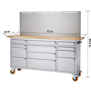 A 72 inches wide by 19 inches deep by 37.5 inches height stainless steel trinity rolling workbench with wheels at the bottom.