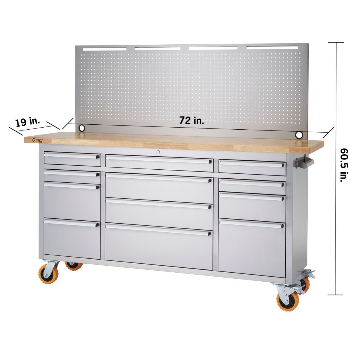 A 72 inches wide by 19 inches deep by 37.5 inches height stainless steel trinity rolling workbench with wheels at the bottom.