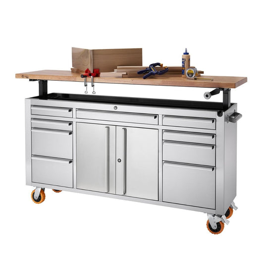 A stainless steel rolling workbench with a wooden adjustable top is shown against a white background. Various woodworking tools and materials, including clamps, wood pieces, and glue, are placed on the workbench's surface.
