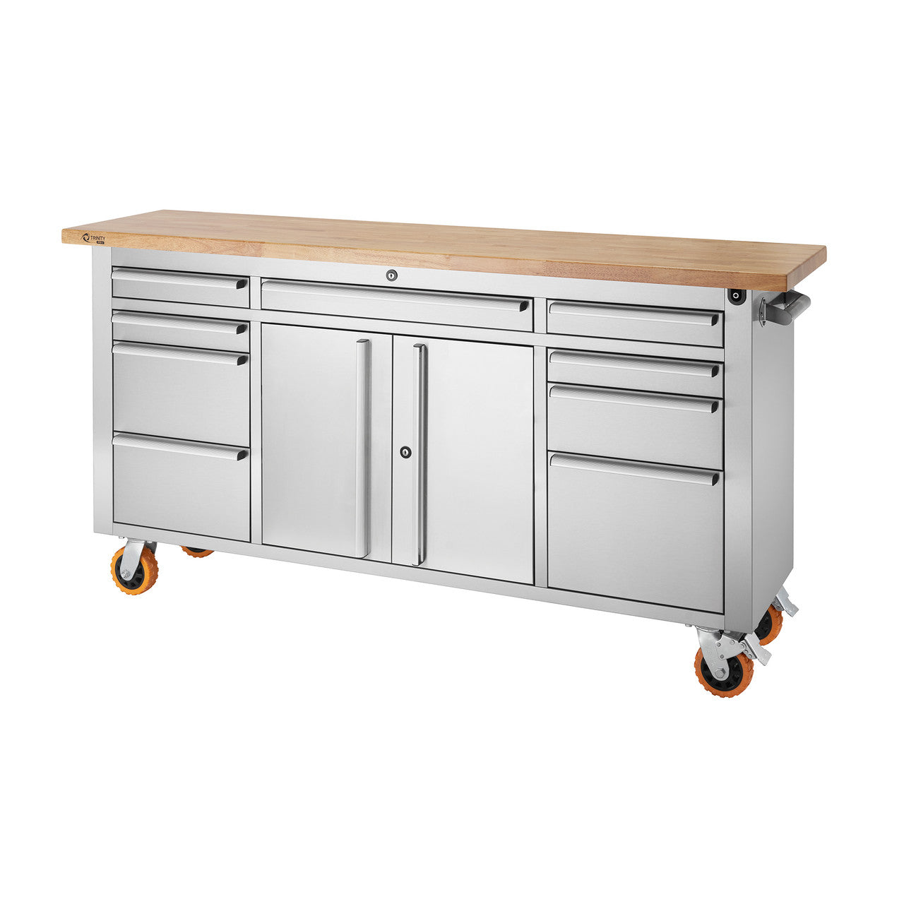 Trinity pro stainless steel workbench with overhanging wood top, 9 drawers, a center cabinet, 4 swivel wheels.