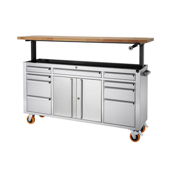 A stainless steel rolling workbench with multiple drawers and a cabinet sits on orange wheels. Above the main cabinet is an adjustable wooden top supported by black metal frames.
