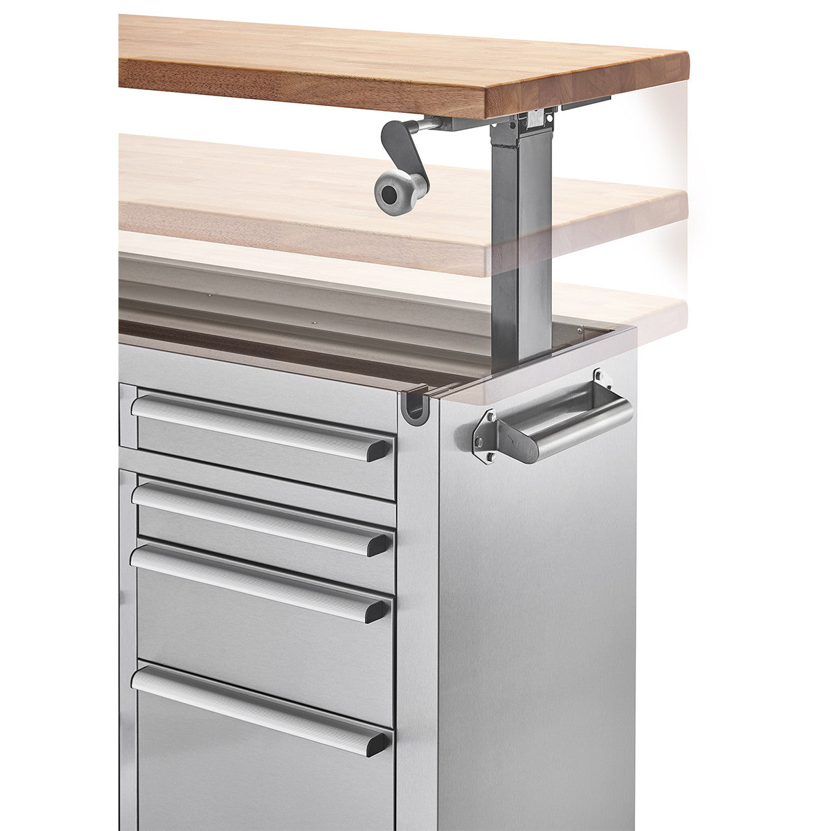 A close-up shows a portion of a stainless steel rolling workbench with several drawers and a wooden adjustable top. The top is shown in a raised position with a blurred image indicating a lower possible height, highlighting its adjustability.