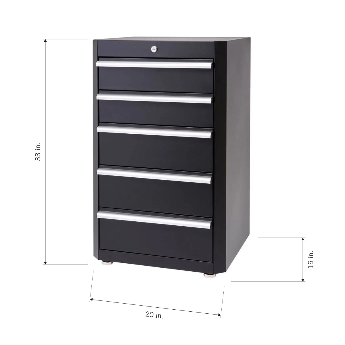 A black metal storage cabinet with six drawers and silver handles is shown with dimensions labeled: 33 inches tall, 20 inches wide, and 19 inches deep. The cabinet has a lock on the top drawer and small feet at the base.