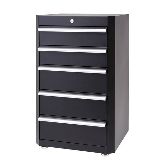 A black metal side cabinet with six drawers and silver handles is shown against a white background. The top drawer has a key lock.
