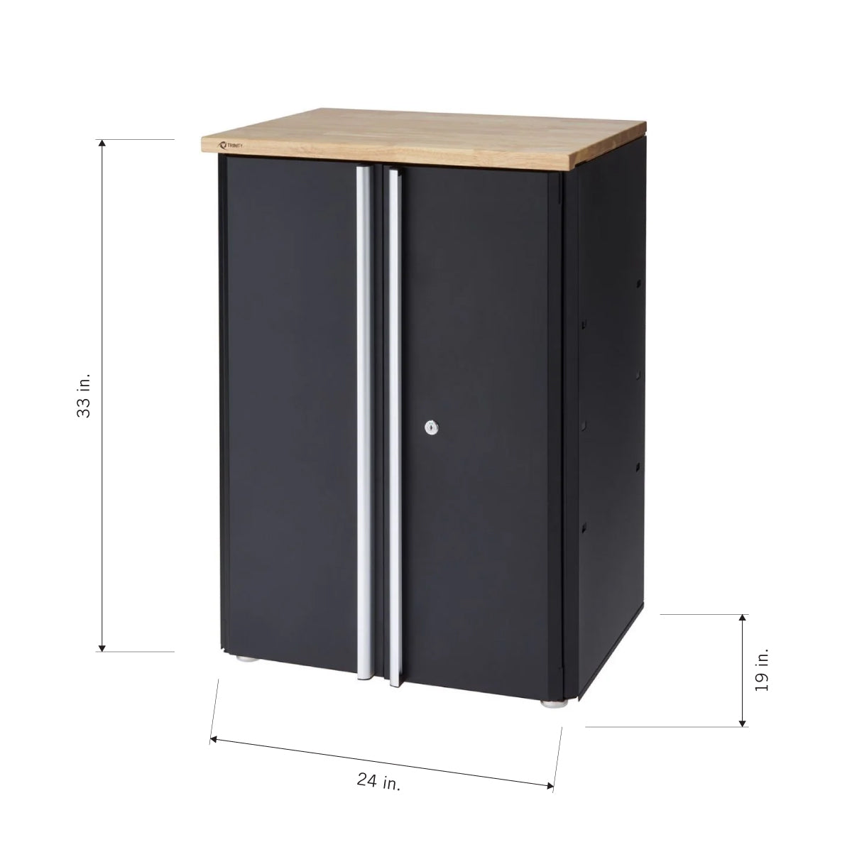 A dark gray, two-door cabinet with a light wood top sits on a white background. The dimensions are shown with arrows and text: 33 inches tall, 24 inches wide, and 19 inches deep.
