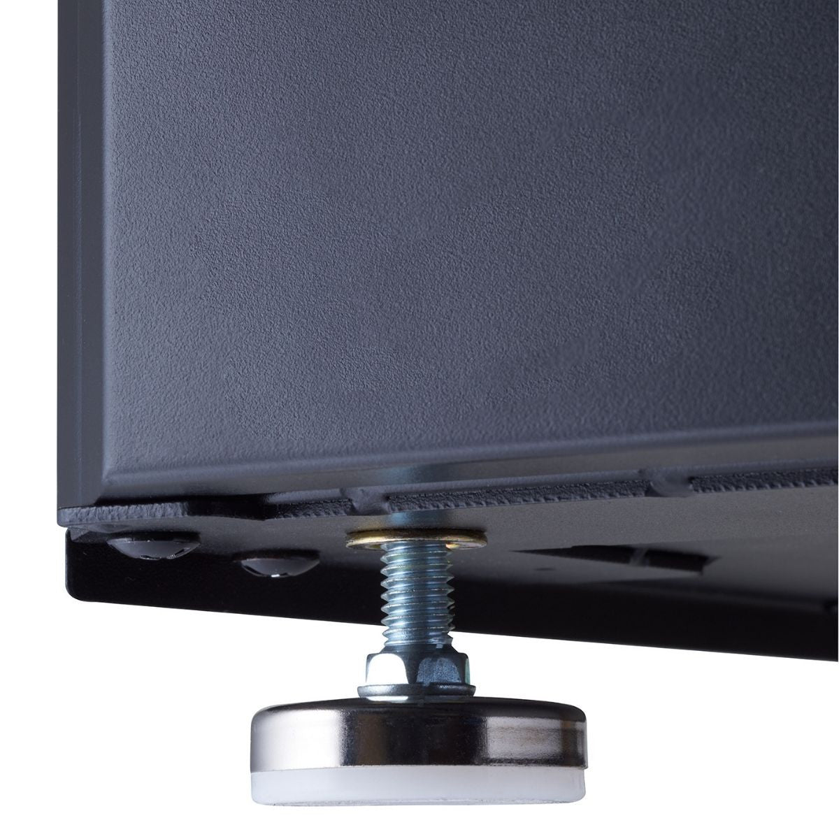 Close up of adjustable feet leveler attached to a free standing black cabinet.