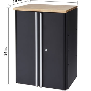 A dark gray, two-door cabinet with a light wood top sits on a white background. The dimensions are shown with arrows and text: 34 inches tall, 24 inches wide, and 19 inches deep.