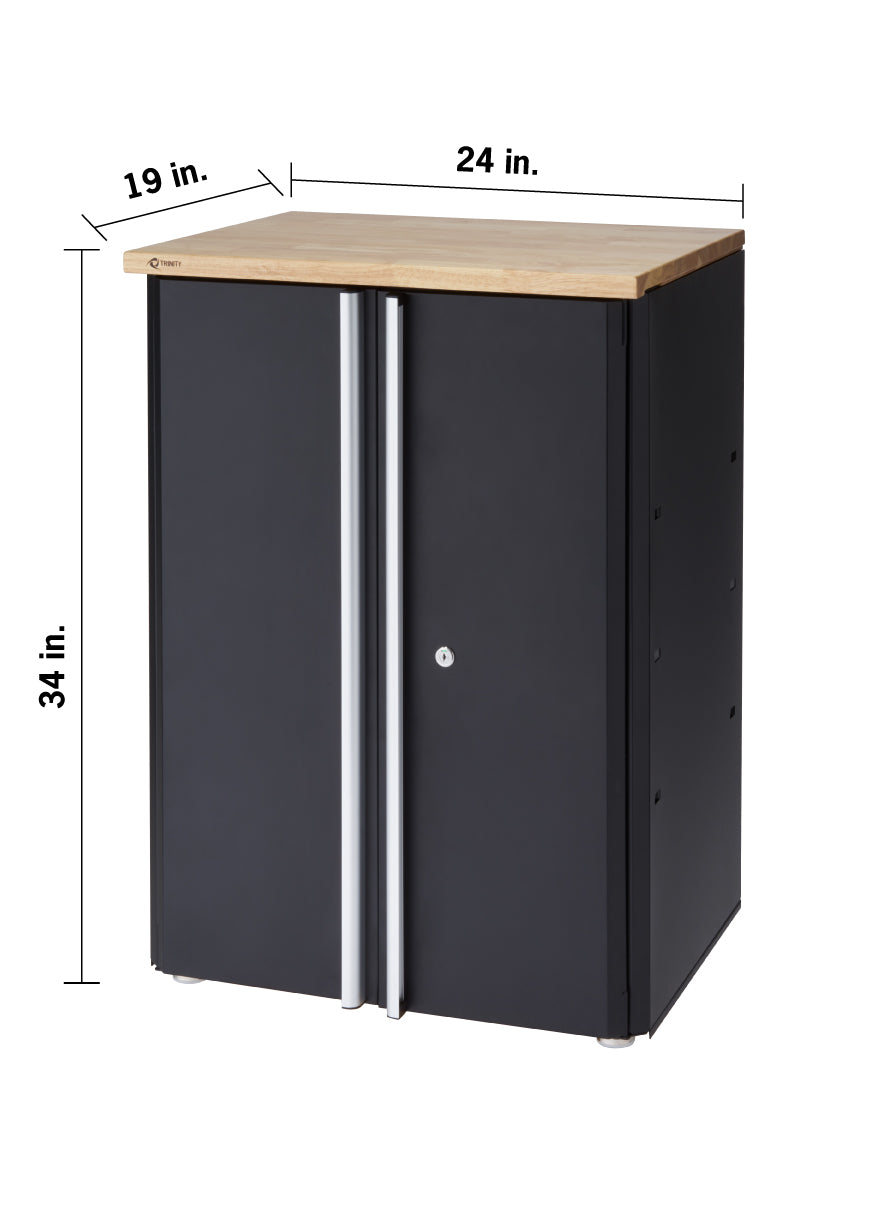 A dark gray, two-door cabinet with a light wood top sits on a white background. The dimensions are shown with arrows and text: 34 inches tall, 24 inches wide, and 19 inches deep.