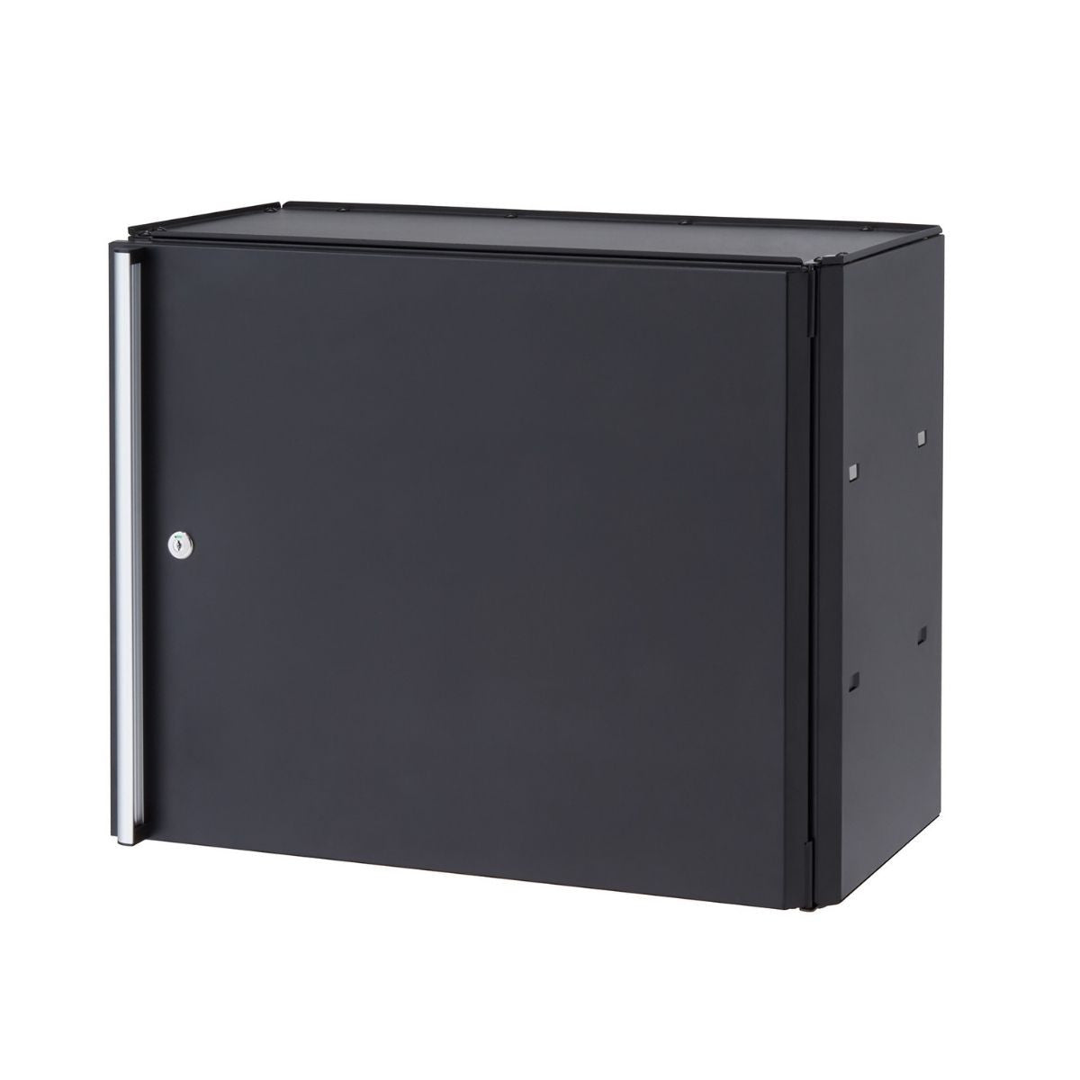 A black, wall-mounted Trinity 24" garage cabinet with a silver handle. It is shown against a white background.
