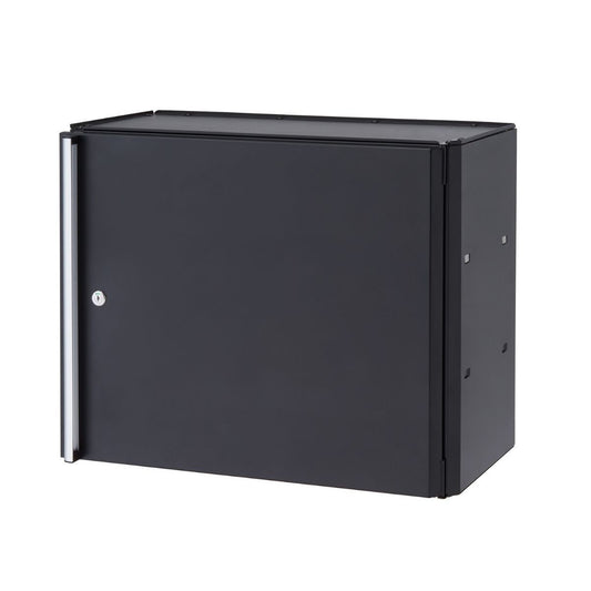 A black, wall-mounted Trinity 24" garage cabinet with a silver handle. It is shown against a white background.
