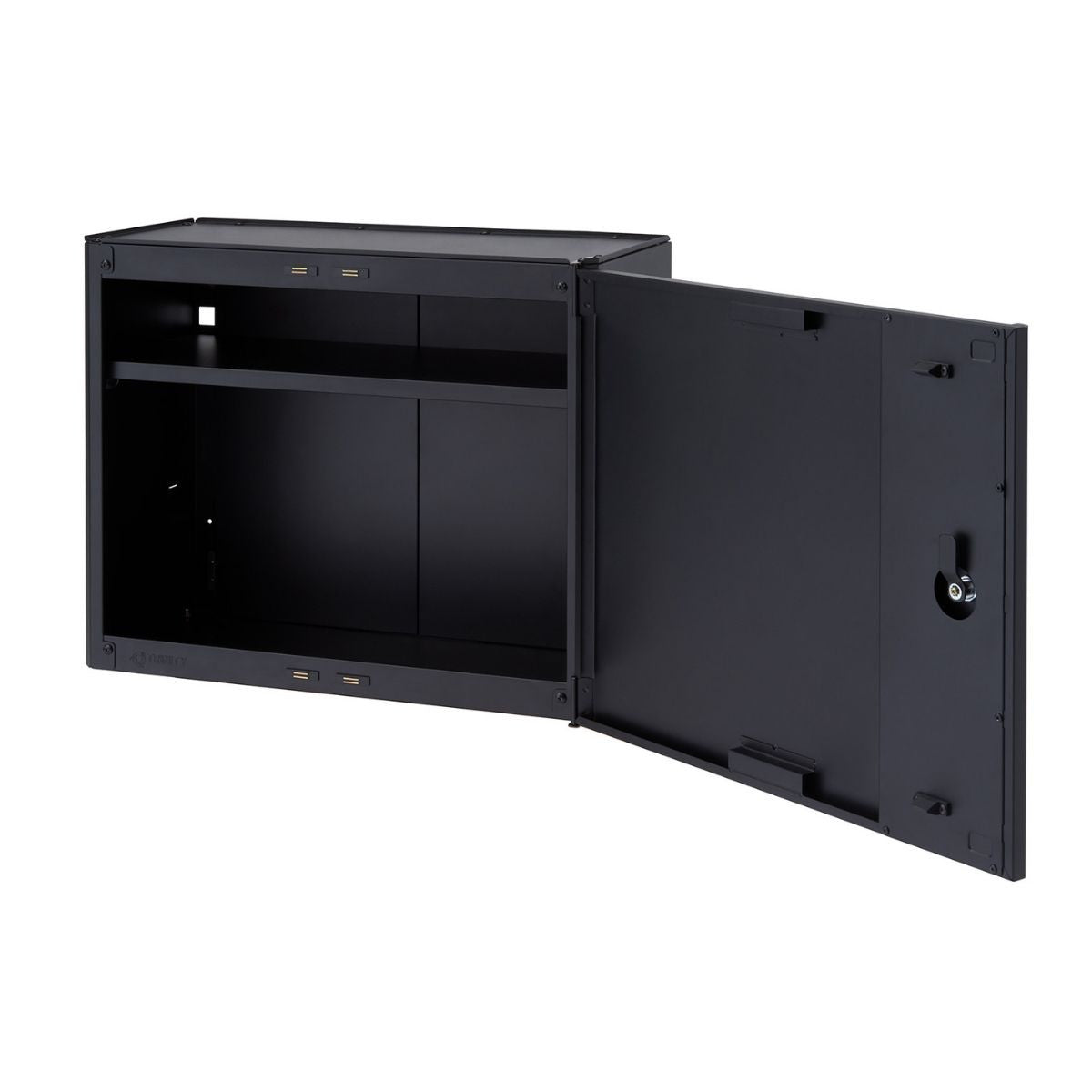 A black metal garage wall cabinet with one door open to the right is shown against a white background. The cabinet has a shelf inside and appears to have USB ports on the top and bottom front edges.
