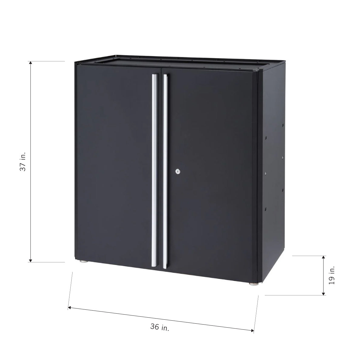 A three-quarters view of a black metal storage cabinet. The cabinet has two doors with long, silver handles, and the dimensions are labeled as 37 inches tall, 36 inches wide, and 19 inches deep.