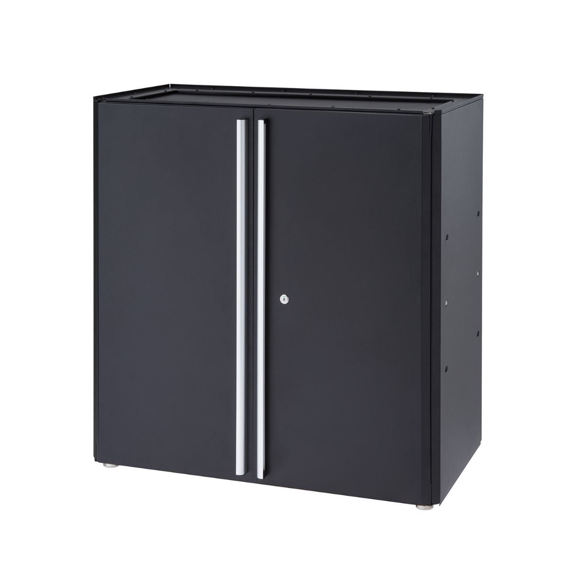 A standalone, black metal cabinet with two vertical silver handles and a key lock centered on the right door is shown against a white background.