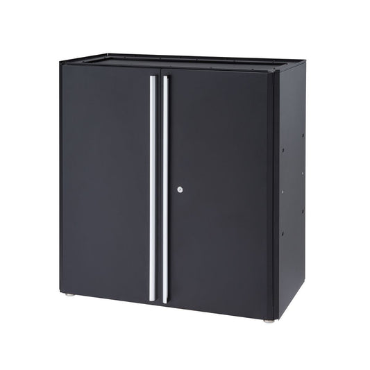 A standalone, black metal cabinet with two vertical silver handles and a key lock centered on the right door is shown against a white background.